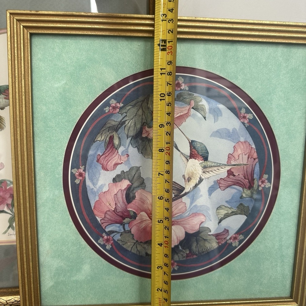 Lot Of 2 Framed Hummingbird & Pink Flowers Art Print Gold Frames Still‎ Life - Picture 12 of 16